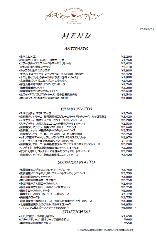 本日のディナーメニュー