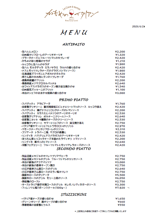 本日のディナーメニュー
