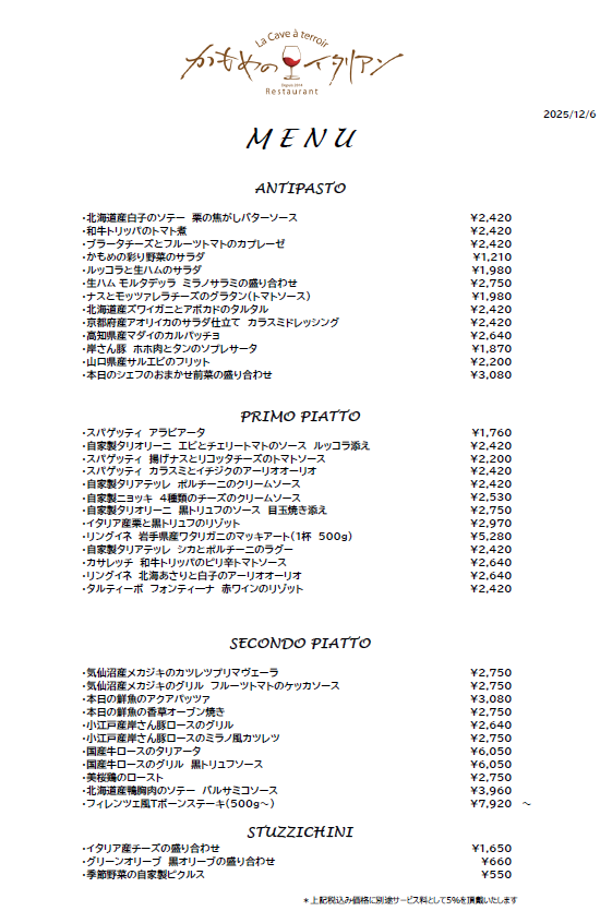 本日のディナーメニュー