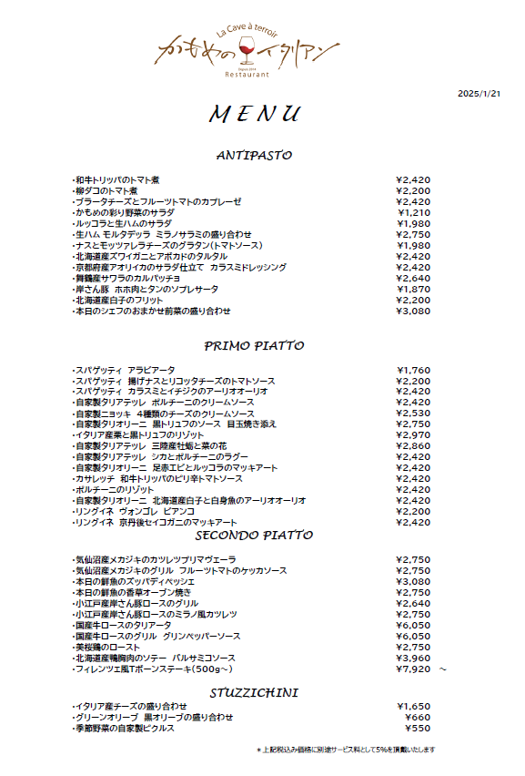 本日のディナーメニュー
