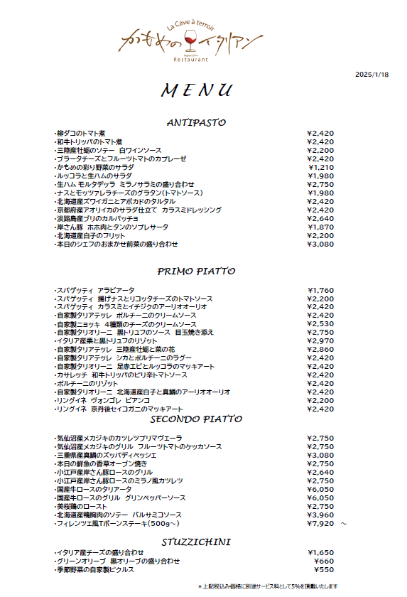 本日のディナーメニュー