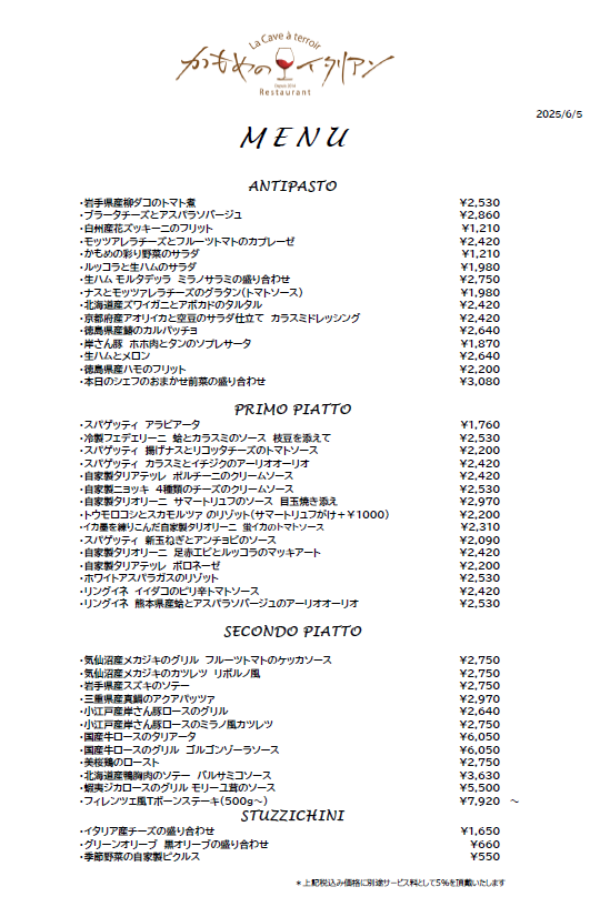 本日のディナーメニュー