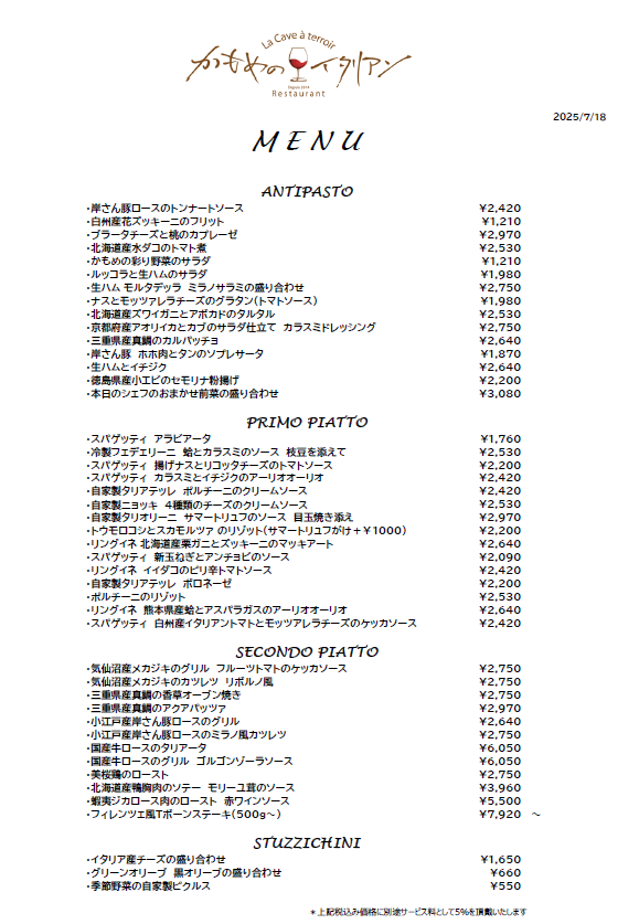 本日のディナーメニュー