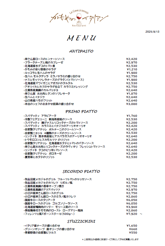 本日のディナーメニュー